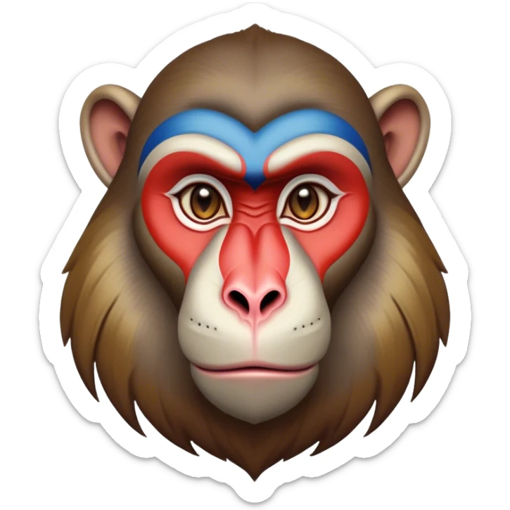 Cinematic Noble Mandrill baboon Portrait Emoji, Poised and regal, with a striking, powerful build and a vivid, deep-set soulful eyes, Simplified yet sharp and sophisticated features, highly detailed, glowing with a vibrant, dignified glow, high shine, intelligent and commanding, stylized with an air of exotic majesty, focused and attentive, soft glowing outline, capturing the essence of a watchful and confident primate, so majestic it feels as though it could step out of the screen with effortless authority! sticker
