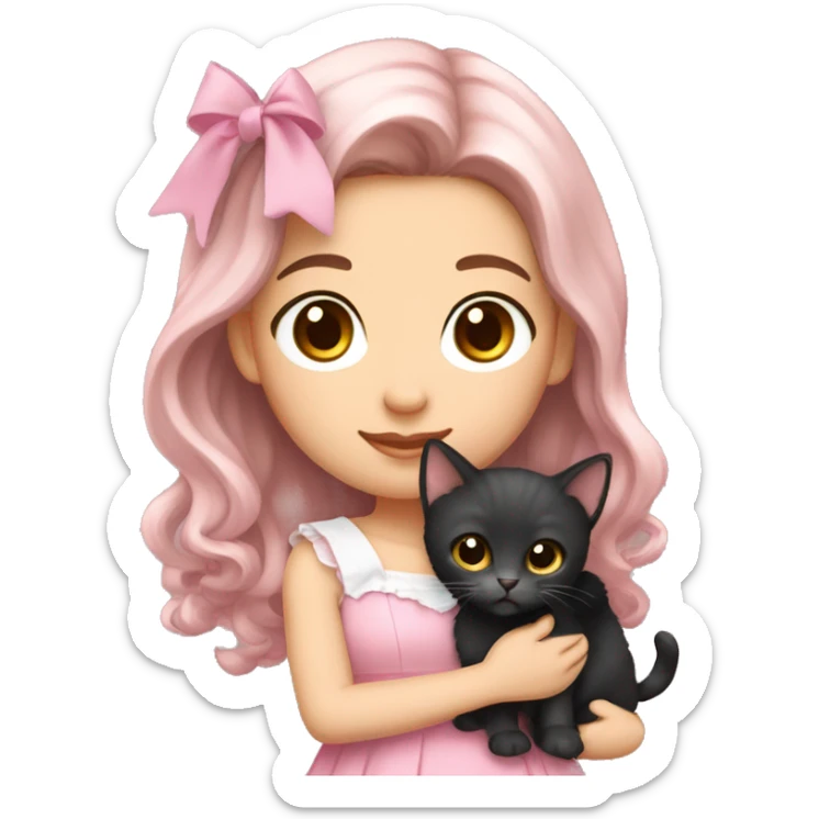 olive-toned brunette with long wavy dark brown hair and brown eyes, wearing a light pink hair bow. She is holding a black kitten that also has a matching pink bow sticker