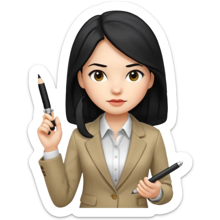 a girl with long black hair, neutral expression, business style clothes (shirt, jacket), with a pen as an accessory, Apple Memoji emoji style sticker