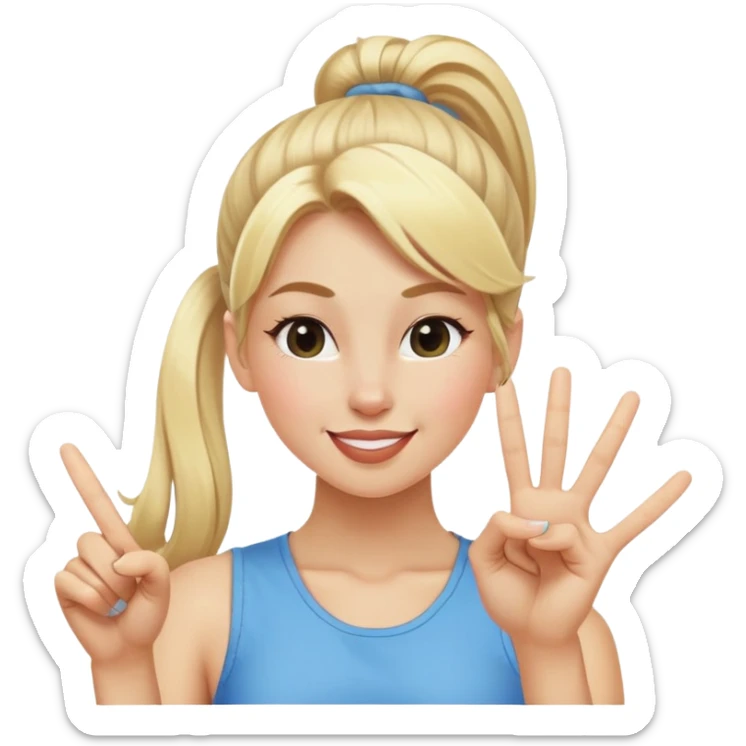 blonde girl with high pony tail hair, winking and making peace sign sticker