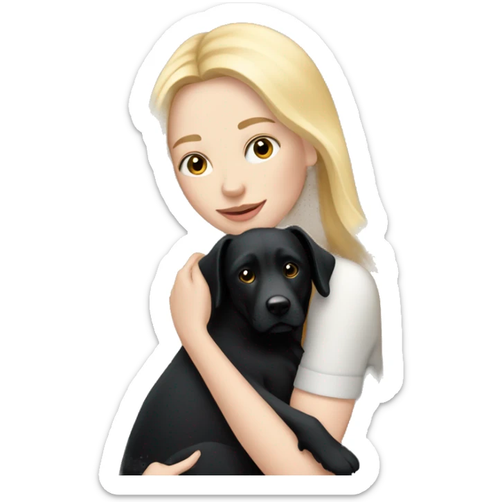 pretty woman with pale skin, very long blonde hair hugging a black dog sticker
