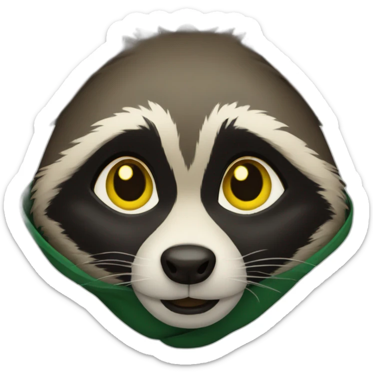 brown raccoon with yellow eyes and a dark green hood sticker