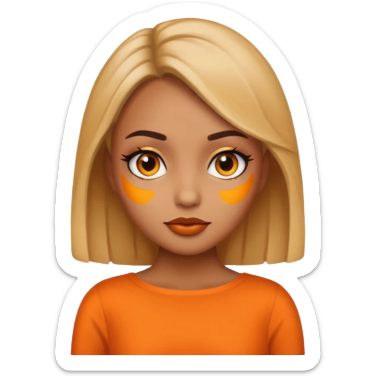 A girl tan skin face emoji with skin head styled, dramatic makeup and an orange dress. sticker