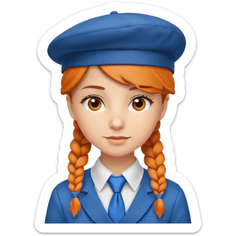 orange braided hair girl, wearing white shirt, Blue Necktie, and a brown berret Hat sticker