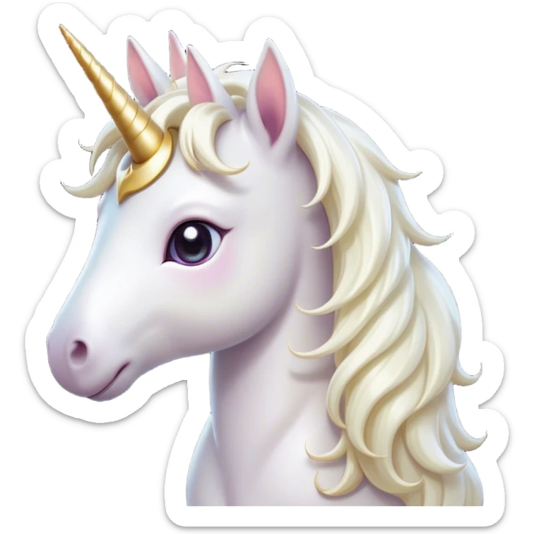 Cinematic Cute White Unicorn Portrait Emoji, Head tilted playfully and inquisitively, featuring a charming, petite form with a silky white color, a delicately flowing mane and tail, and a tiny, sparkling horn, with large, dreamy eyes full of wonder, Simplified yet irresistibly adorable features, highly detailed, glowing with a warm, enchanting glow, high shine, affectionate and lively, stylized with a touch of fairy-tale whimsy, soft glowing outline, capturing the essence of a mischievous yet endearing white unicorn that seems as if it could gallop out of the screen into your heart! sticker