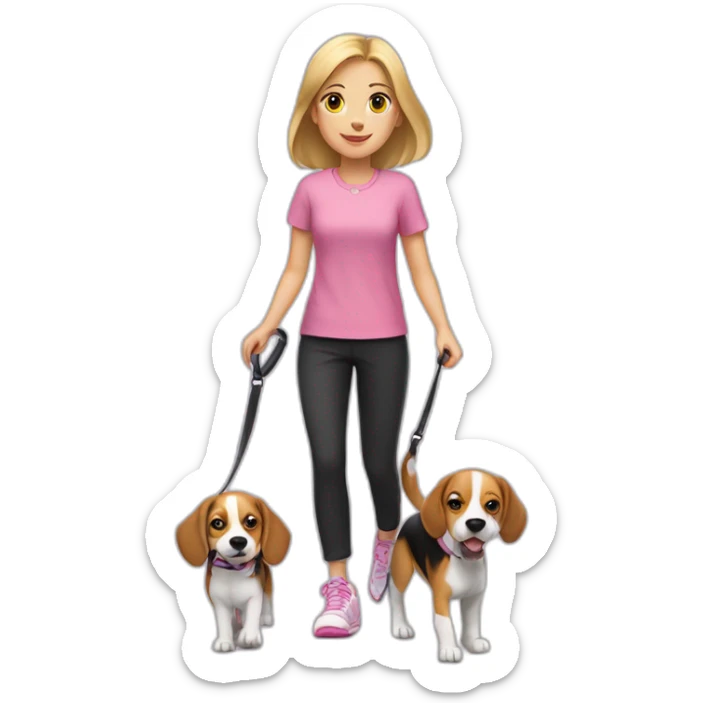 A blonde girl, in a pink blouse and black trousers, in sneakers, leads a beagle dog on a leash sticker