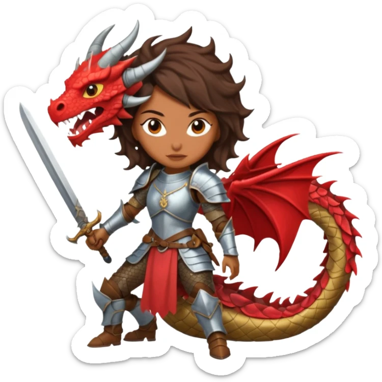 Fierce Latina in armor with a sword after a battle cutting off the head of a dragon sticker
