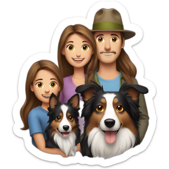 family group consisting of man in hat and woman with long hair in ponytail and small border collie dog sticker