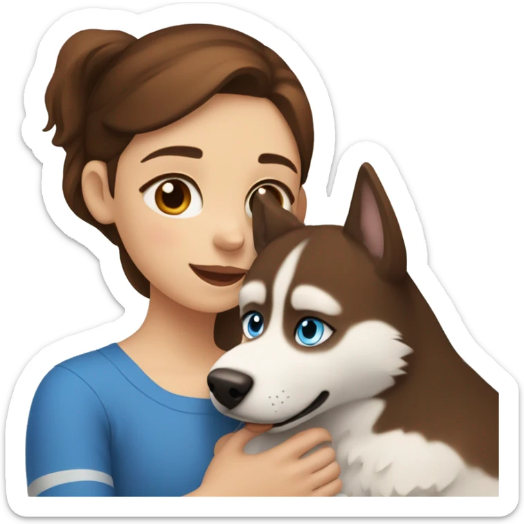 a girl with blue eyes and brown hair hugs a husky dog ​​with brown eyes sticker