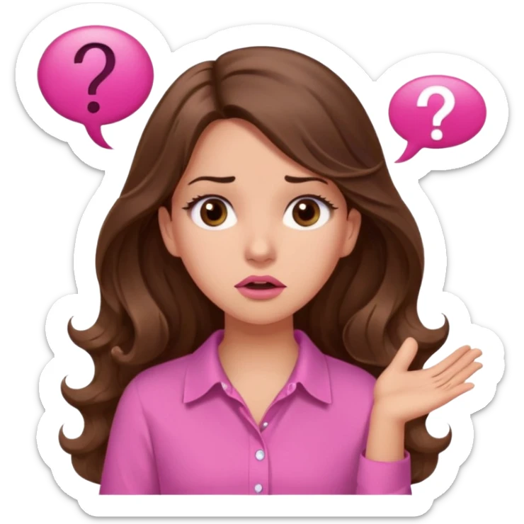 girl with long wavy brown hair, brown eyes, light to medium complexion, in a pink shirt, pink lips, long lashes, confused, question mark one speech bubble sticker