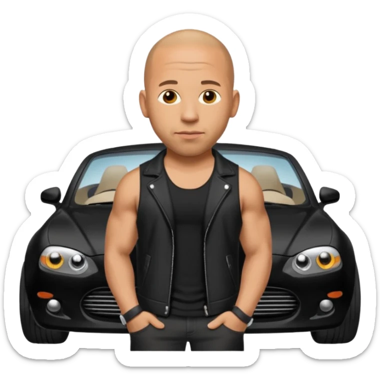 Vin Diesel emoji wearing a white tank top and black jacket with a black car behind him sticker
