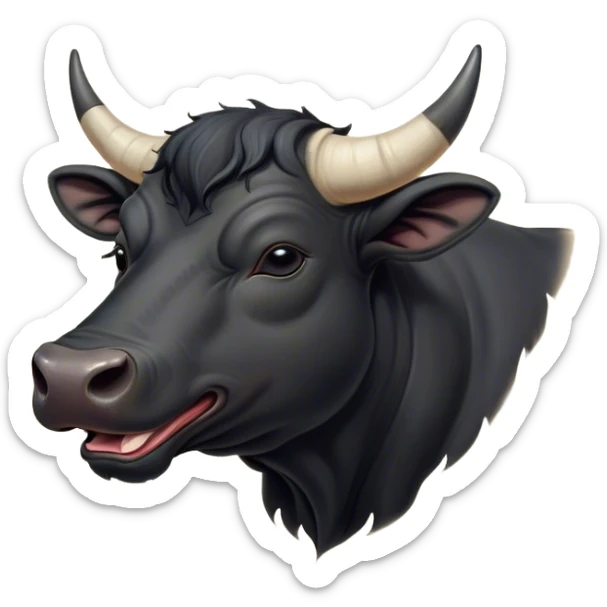 Cinematic Cute Yawning Black Bull Portrait Emoji, Head tilted slightly with a dramatic, wide-open yawn, showcasing a smooth, pure black hide with a subtle texture, floppy ears slightly drooping, round dark eyes barely open in drowsy contentment, Simplified yet irresistibly adorable features, highly detailed, glowing with a soft, cozy glow, high shine, relaxed yet expressive, stylized with a touch of rugged whimsy, bright and endearing, soft glowing outline, capturing the essence of a sleepy yet affectionate guardian, so drowsy it feels like it could charge right out of the screen and curl up for a nap! sticker