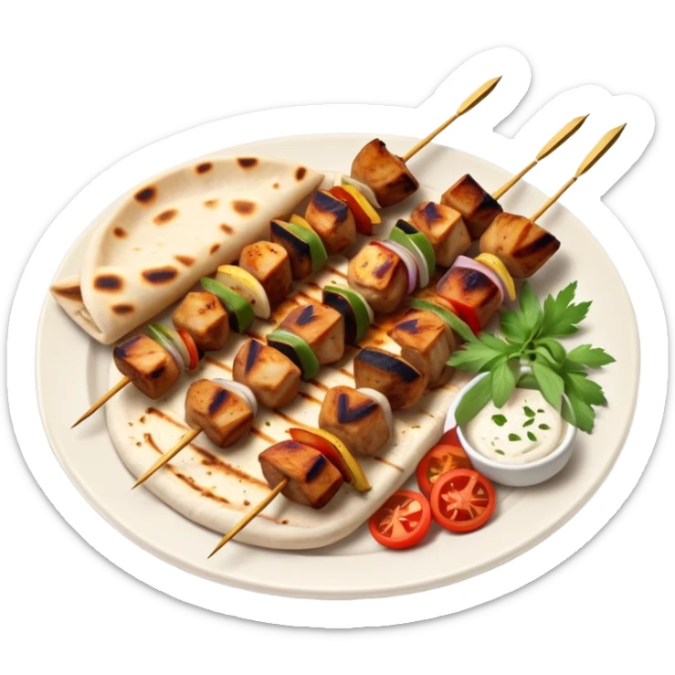 cinematic-realistic-souvlaki-dish-emoji,-showcasing-skewered,-2 grilled-chicken-with-mediterranean-spices-rendered-with-dynamic-textures-and-warm,-appetizing-lighting on pita bread on a plate sticker