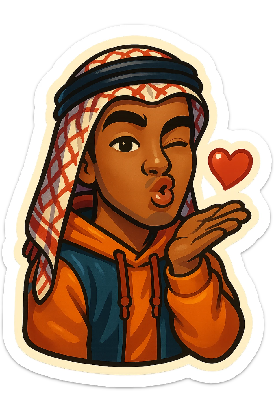 cartoonish, bold, vibrant emoji-style sticker of Ara, an Arab young man with medium brown skin, black hair, wearing casual urban Middle Eastern streetwear like a keffiyeh scarf or hoodie, blowing a kiss with puckered lips and a wink sticker