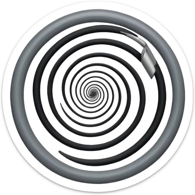Minimalist emoji-style sticker of a strip of film curling into a hypnotic spiral. No details inside frames. Black and gray only. sticker
