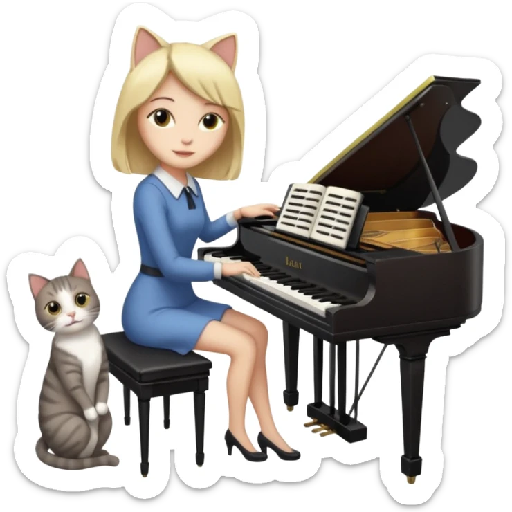 woman playing piano while her cat sits on top of the piano sticker