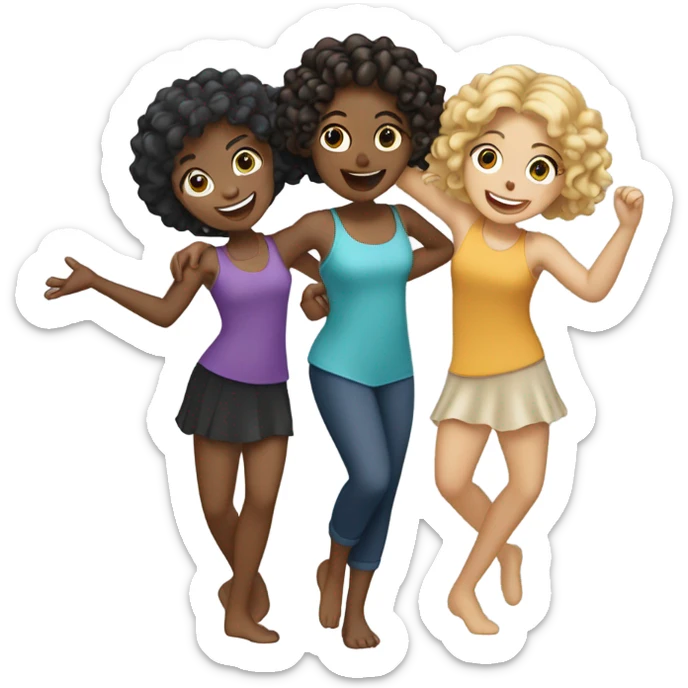 3 girls dancing with each other 1 girl blonde and tan 2nd girl black hair and white and 3rd girl curly brown hair and tan sticker