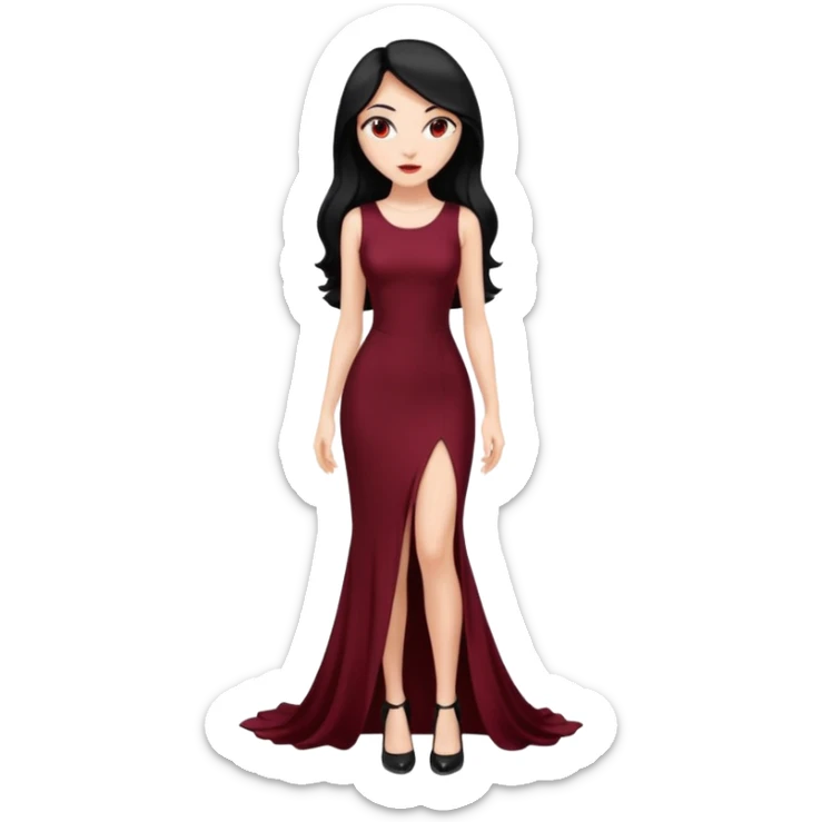 Chica blanca ,ojos marrones, vestido granate muy largo sexy escote redondo,  cuerpo entero pelo negro y largo zapatos negros tacon sticker