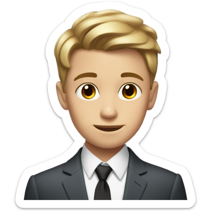 a 12 year old with a few freckles and a low taper fringe haircut that is light brown hair an sits on his head just abo and is white but 20% tanned and wearing a suit ve he eyebrows sticker