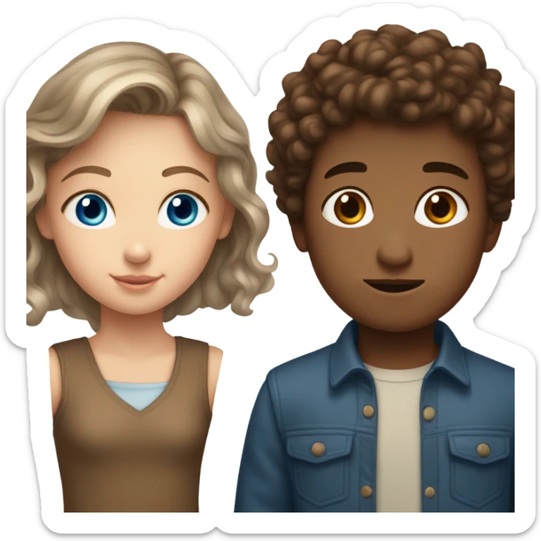 A couple with a blue eyes girl with brown curly hair and a boy with brown eyes and brown straight hair  sticker