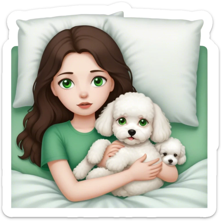 Brunette Long hair girl with green eyes sick in bed by herslef with bichon frise dog sticker