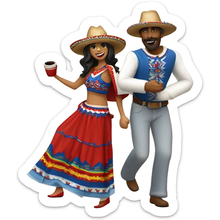 pareja de hombre y mujer bailando danza folcórica chilena llamada cueca. El hombre usa sombrero de huaso y poncho con colores cafés y la mujer usa vestido blanco con detalles rojos y azules sticker