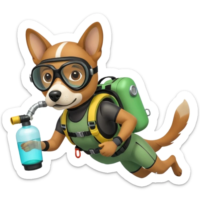 dog wearing scuba green gear dive into the sea with diver mask and oxygen tank sticker
