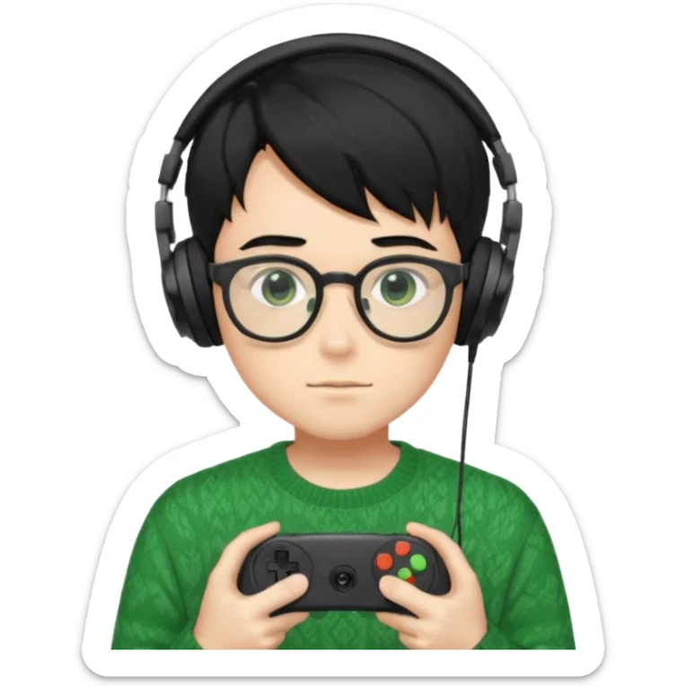 
gamer, Gorgeous green sweater black hair anime style shojo guy glasses, headphone, gamepad sticker