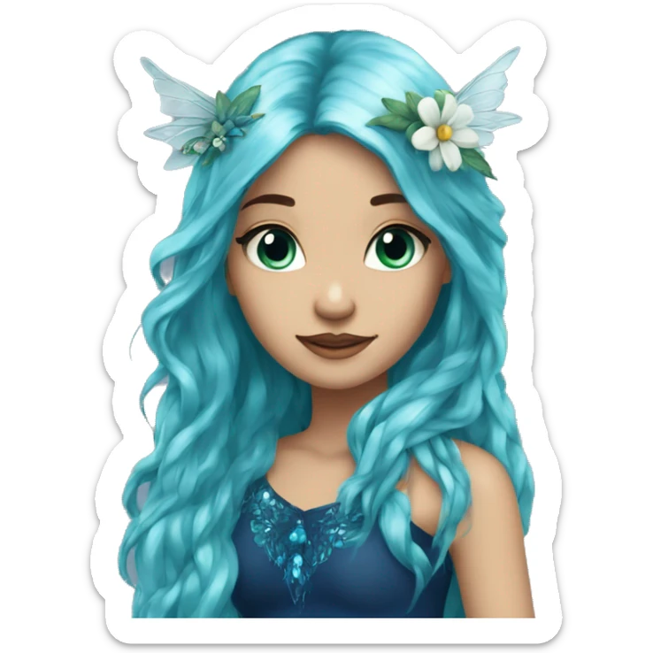 Beautiful, flower, fairy, blue, turqoise, silver, navy, long hair, big wings sticker