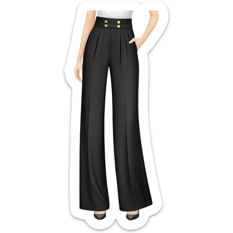 only the palazzo pants garment, moderate wide leg dress pants, formal with button, isolated flat lay, no human, no model, just the clothing item on white background sticker
