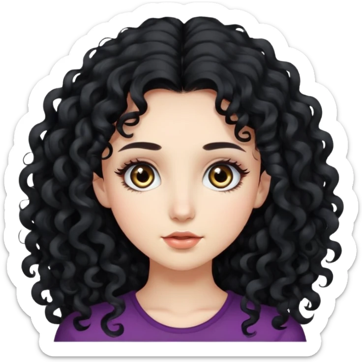 Chica de cabello largo y rizado negro pestañas lsrgas piel blanca  ojos redondos, sticker