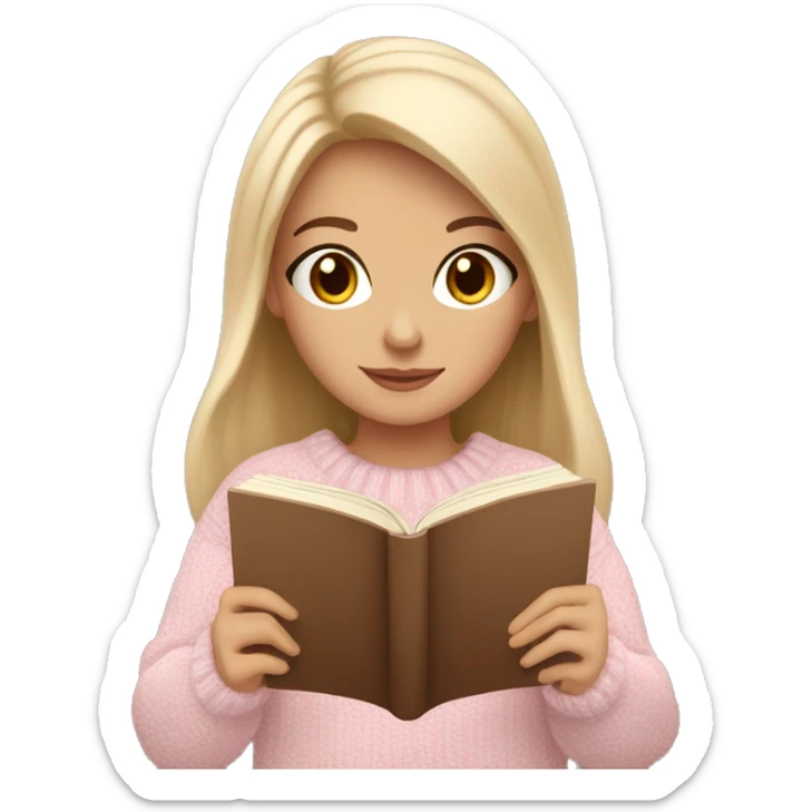 Pretty brown eyed white girl with light pink sweater reading cozy sticker