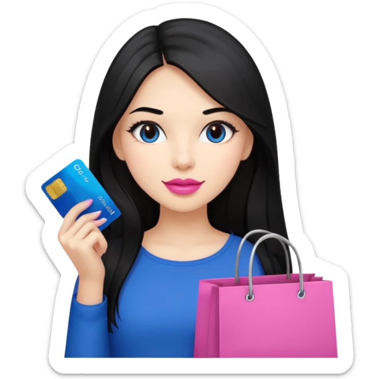 Girl with long black hair, pink lipstick, brown eyes holding shopping bags and blue credit card sticker