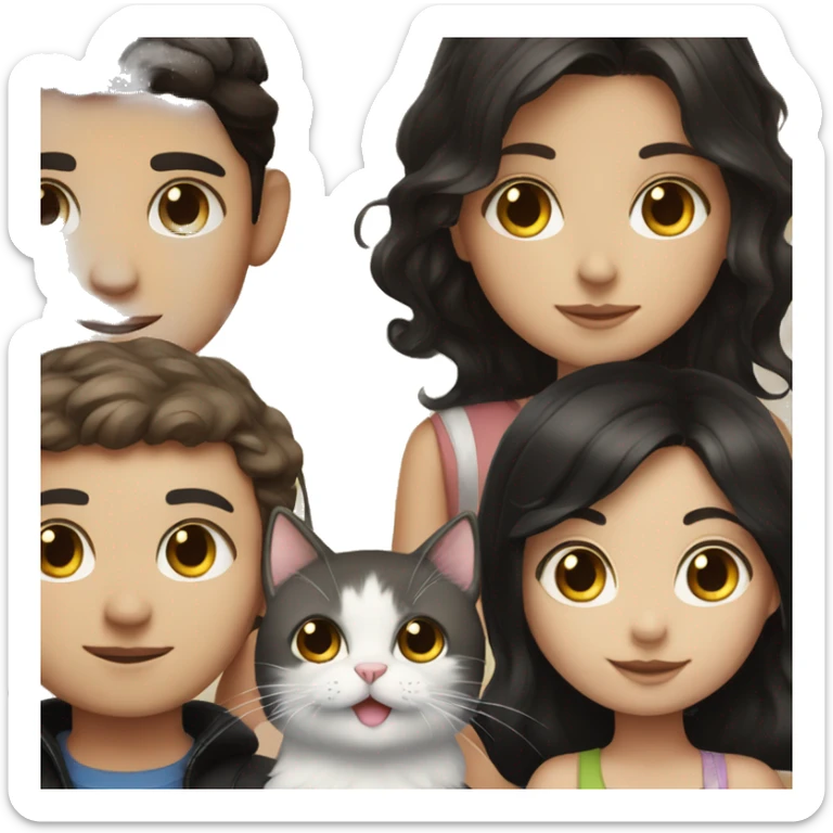 Girl and boy with dark brown hair and black and white cat sticker