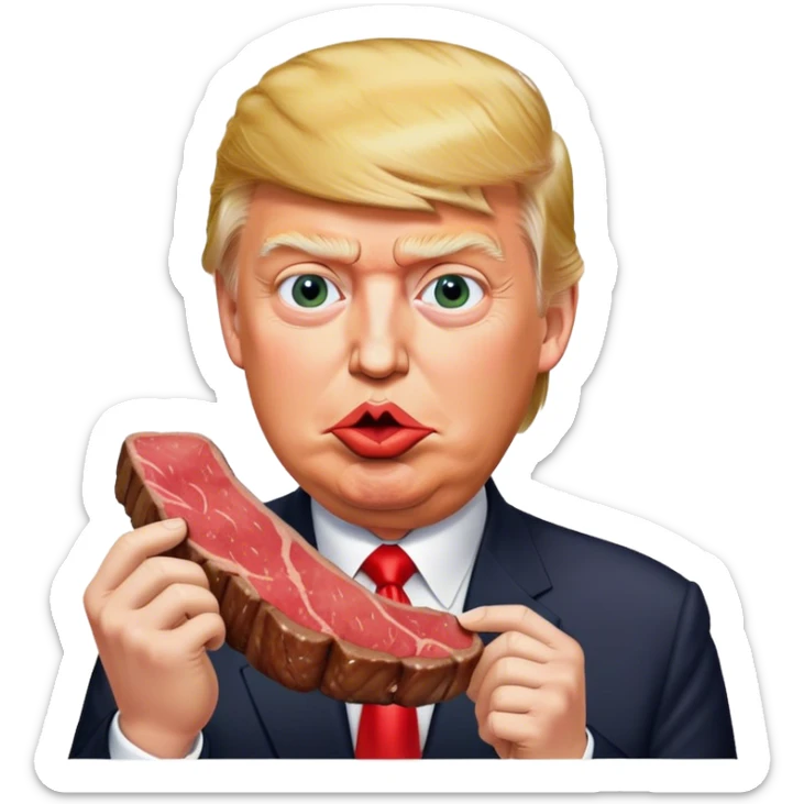 photorealistic Donald Trump eating a steak shaped like an piece of land sticker