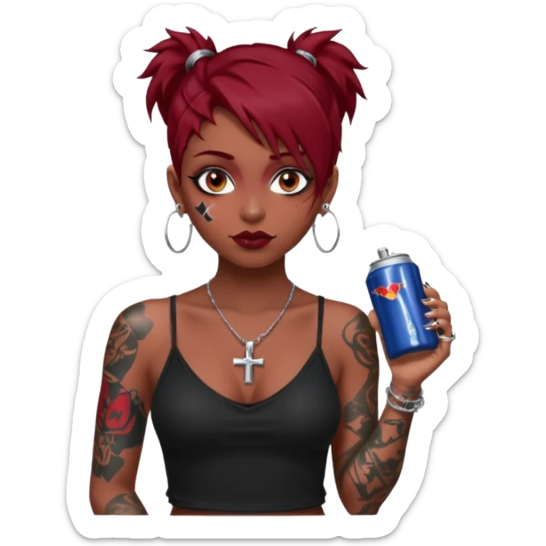 generate an ios genmoji of a girl with dark red messy hair with eyeliner on her eyes.  septum piercing, wearing a cami black top, has tattoos, on shoulders. ear piercings. wearing a cross silver necklace. Holding a redbull. dusky skin color.  sticker