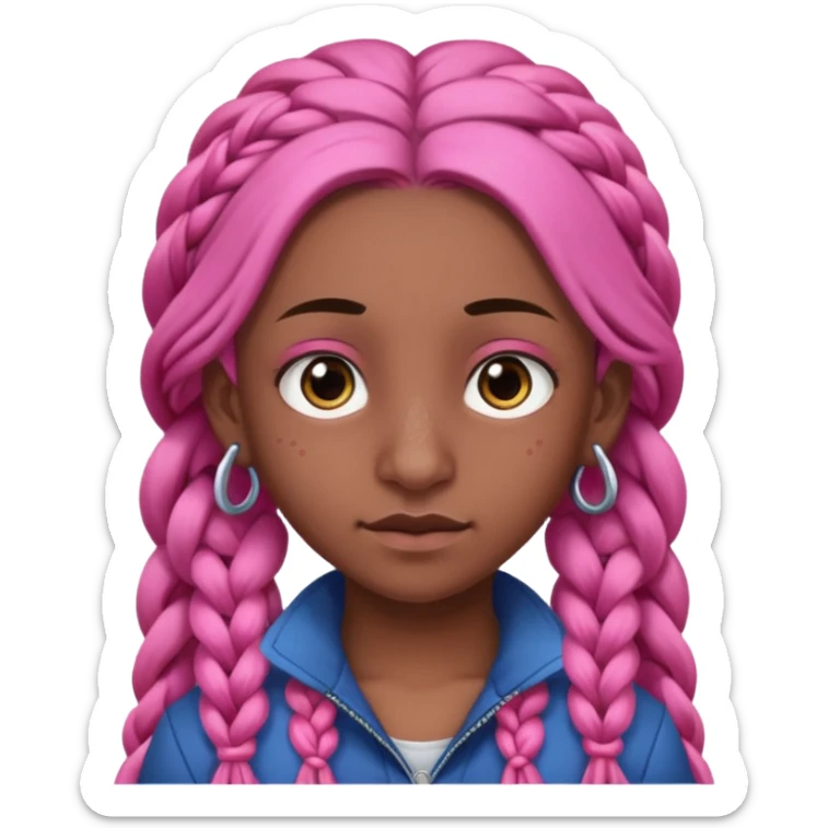 arikan, dark long hair whit pink 
braids. brown skin, smal round face and a big nose sticker