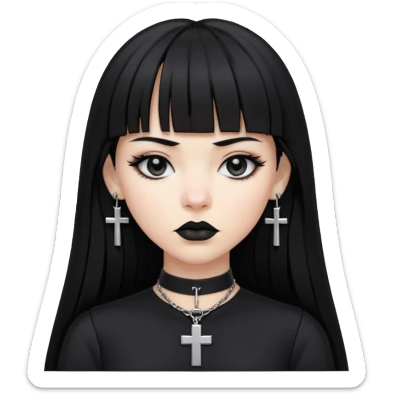 vampira parda com cabelo preto longo e liso e franja, olhos pretos, brincos em formato de cruz, choker em formato de cruz, roupa preta com decote, batom preto e séria sticker