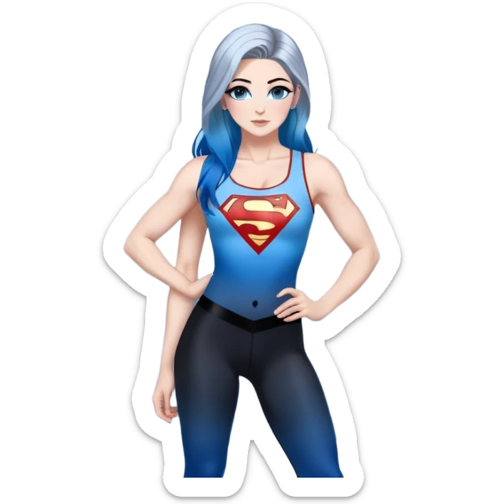 Full body-very very large chest-gorgeous face-black leggings-very long very straight dark blue to light blue ombre hair-and-blue eyes-a lot of black eyeliner-thick long eyelashes-sky blue low cut tanktop with glitter superman logo-silver hoop earrings sticker