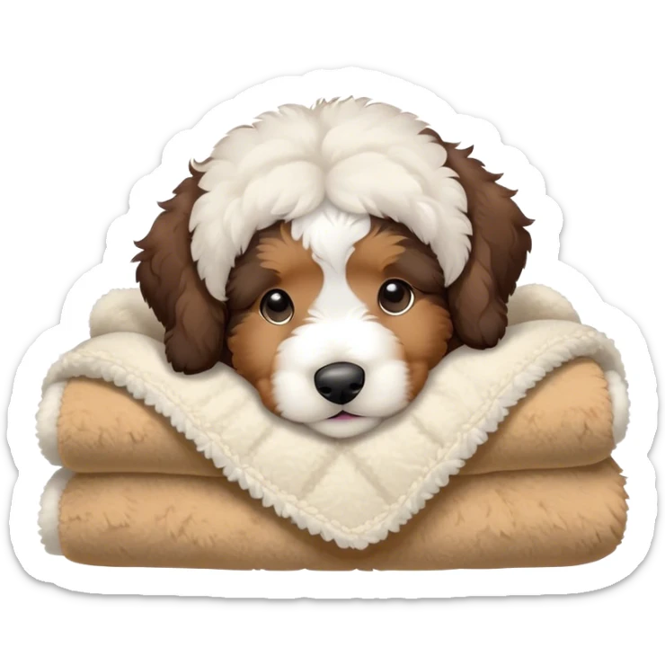 bernedoodle puppy cozy in a sherpa blanket, kawaii disney-style cute sticker