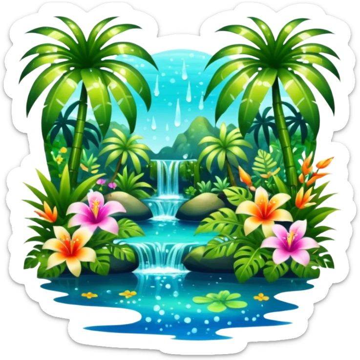 Lush exotic tropical sparkly colorful flowery jungle nature glittery water wildlife scenery  sticker