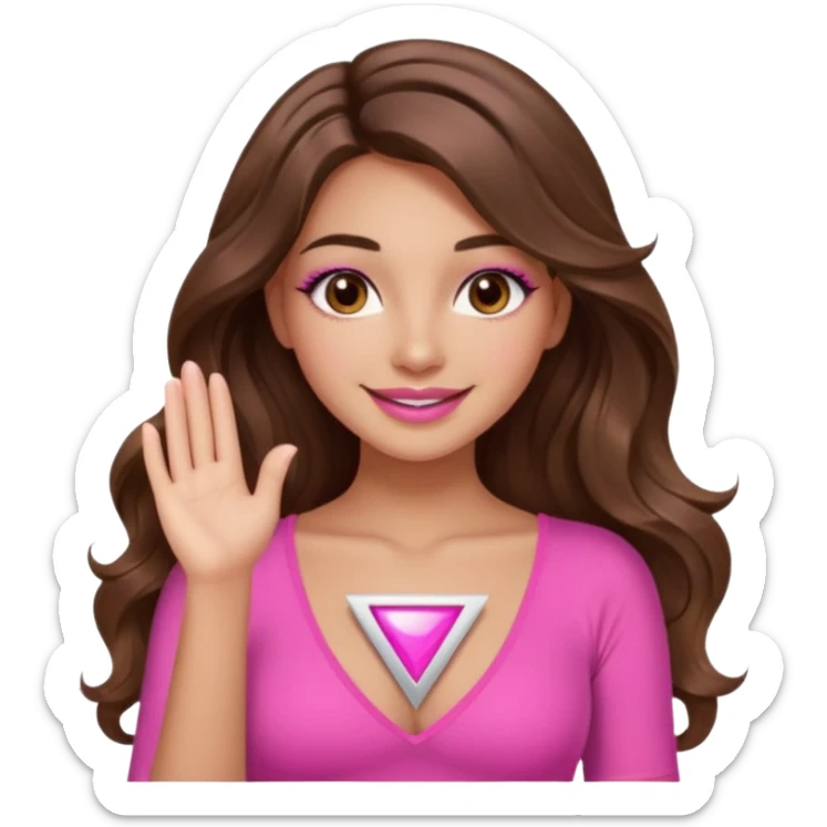 girl with long wavy brown hair, brown eyes, long lashes, sexy pink lips, light to medium complexion, wearing a pink sexy top, smiling, hands together in a tryangle sticker