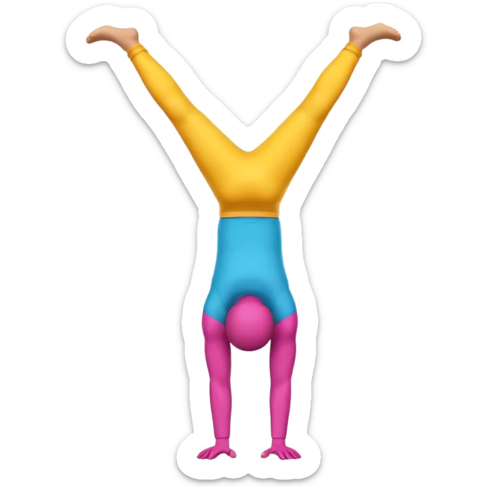 "3D man emoji doing a handstand, cheerful, colorful cartoon style, bright vibrant colors, simple background." sticker