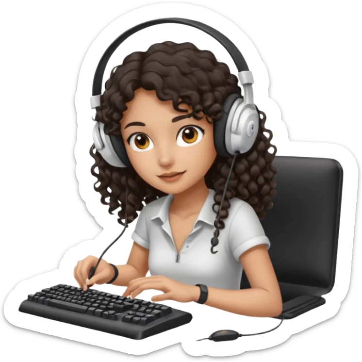 Spanish girl with long dark curly hair, wearing a white gaming headset and playing on keyboard with a gaming mouse in one hand sticker