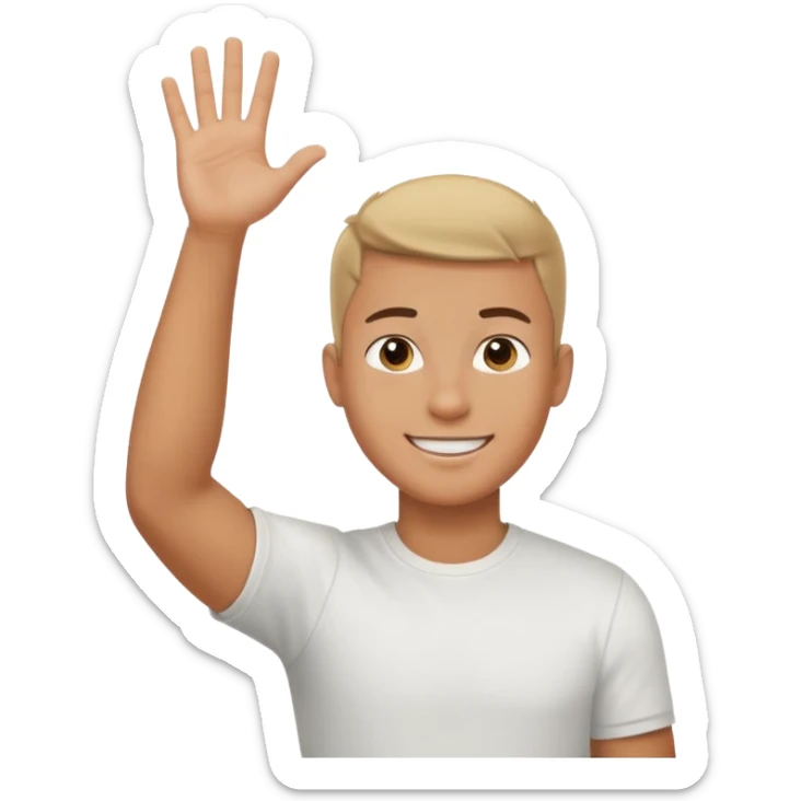 joven bronceado corte de soldado oscuro muy cortito polera blanca sonrisa bonita saludando mano arriba sticker