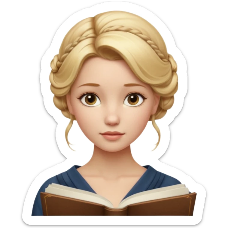 Cinematic Realistic Journal Portrait, depicted with lifelike skin texture, subtle rosy undertones, and soft natural lighting that enhances the gentle contours of her face. Her intricately detailed golden blonde hair is elegantly styled in an updo, sticker