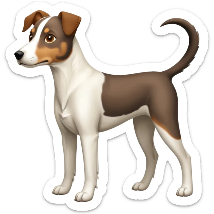 a full body large white floppy eared parson russell looking dog the size of a kelpie with light brown ears and a light brown patch on one eye and a large snout sticker