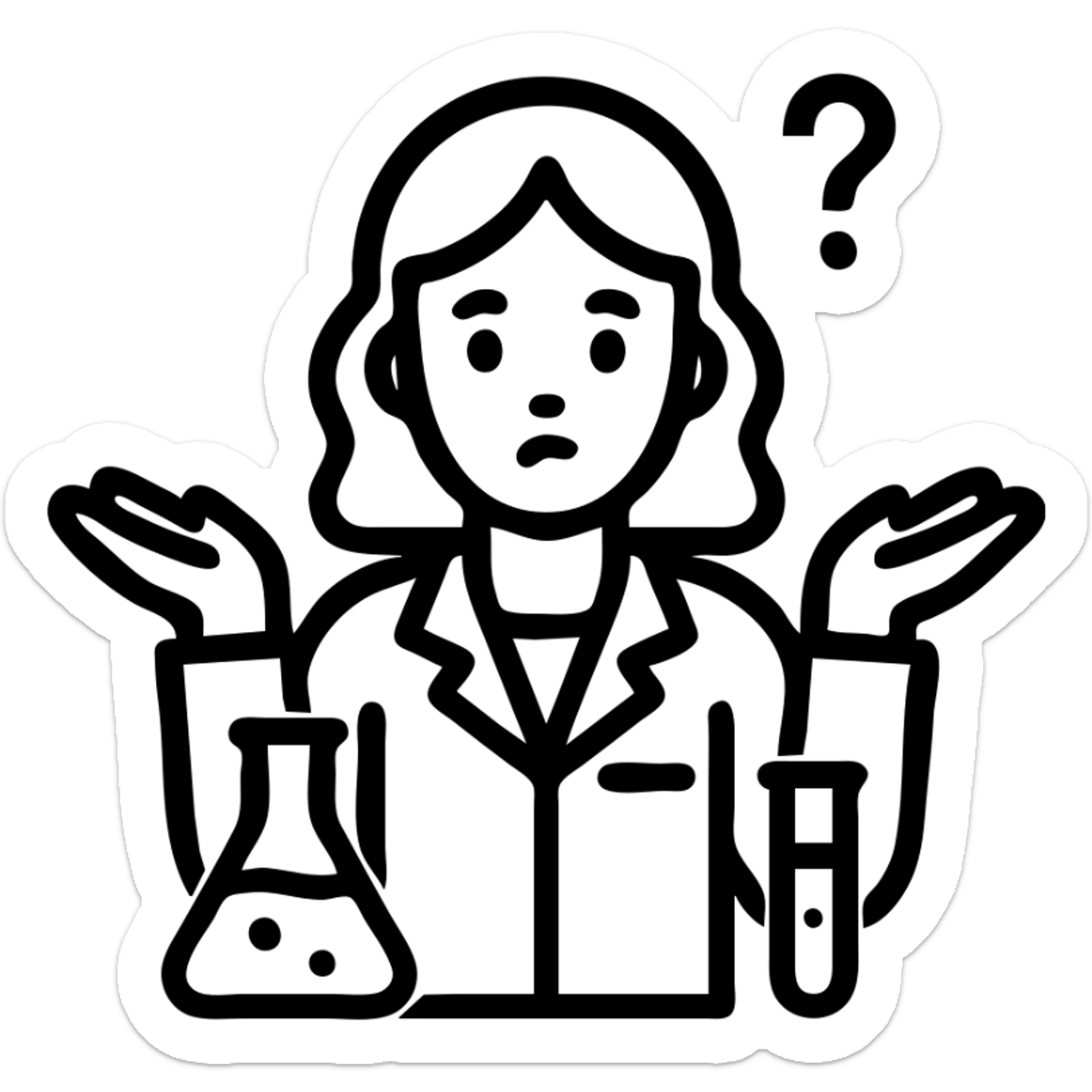 brunette woman scientist shrugging, curious face, lab equipment nearby, outlined icon style sticker