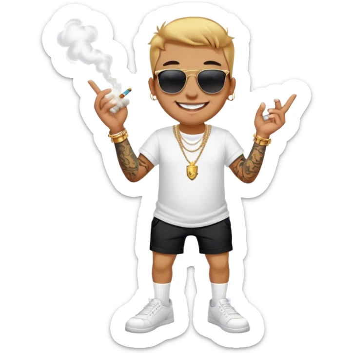 Fox standing, white t shirt, tattoos arms and legs, gold necklace, gold bracelets, big smile with gold teeth, smoking, dark sunglasses, black shorts white drawstring, white socks, sticker