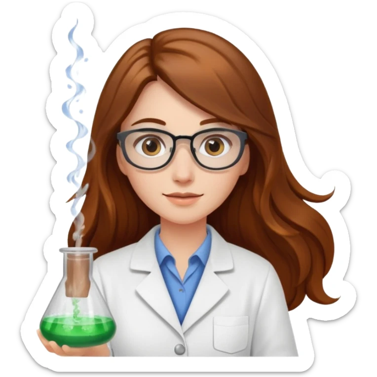 Crie emojis de uma mulher de cabelos longos castanhos farmacêutica mexendo com becker e com faiscas sticker